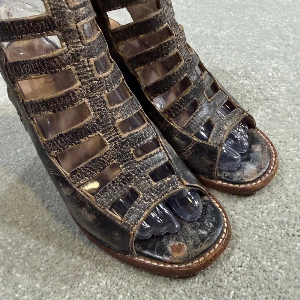 BED STU Occam Gladiator Distressed Leather Cage Peep Toe Heels Sz 6 Bench Made